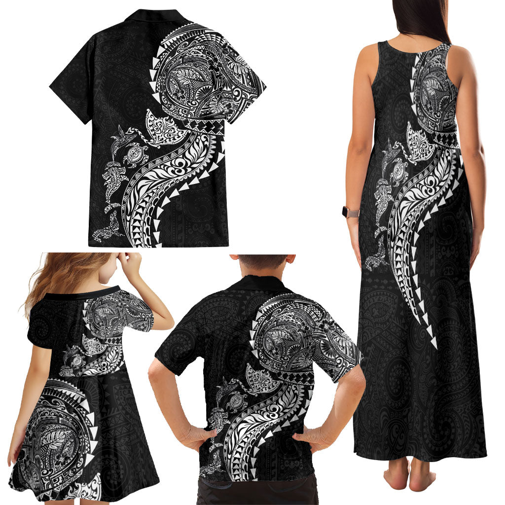Hawaiian Kakau Tribal Sea Animals Tattoos Family Matching Tank Maxi Dress and Hawaiian Shirt Black Color