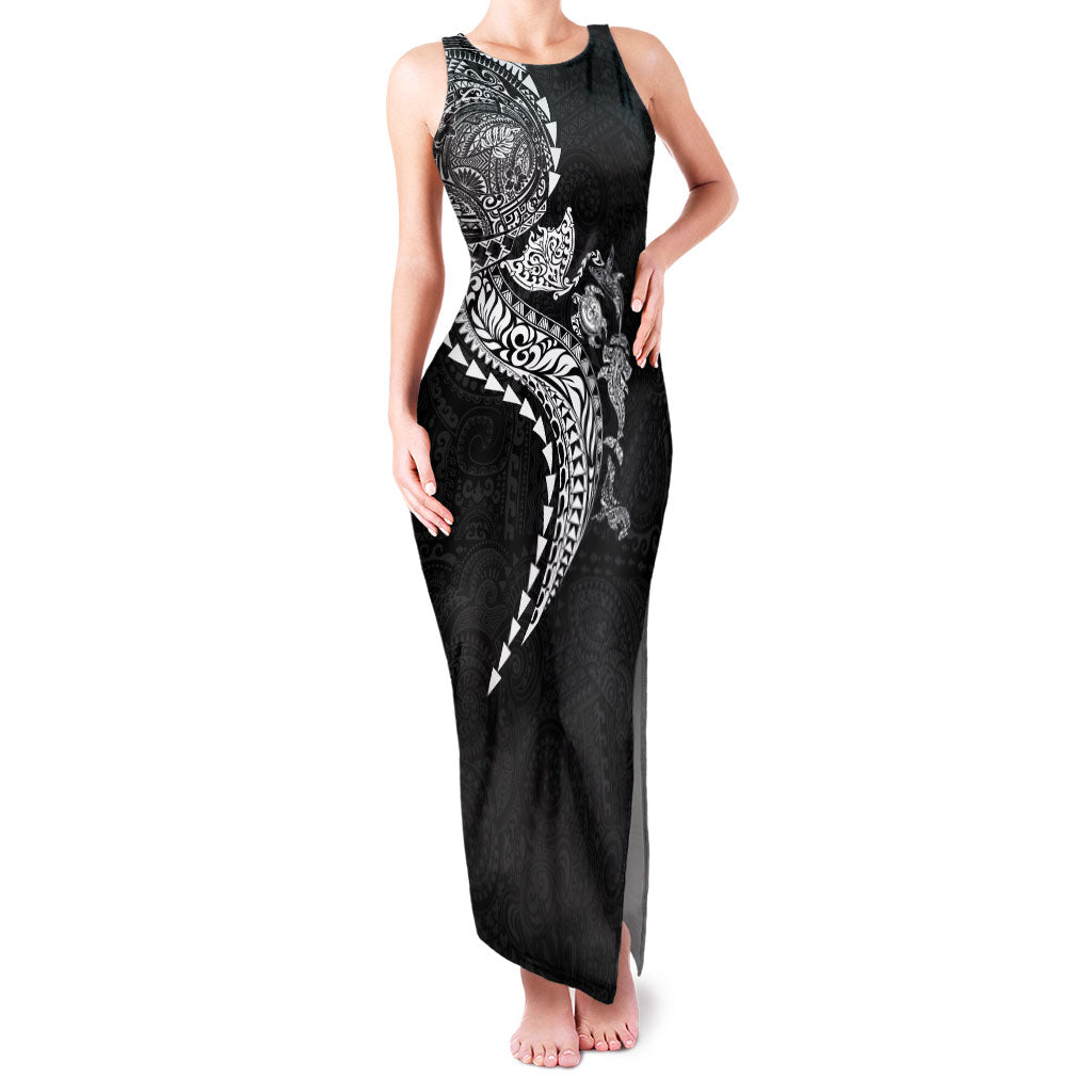 Hawaiian Kakau Tribal Sea Animals Tattoos Family Matching Tank Maxi Dress and Hawaiian Shirt Black Color