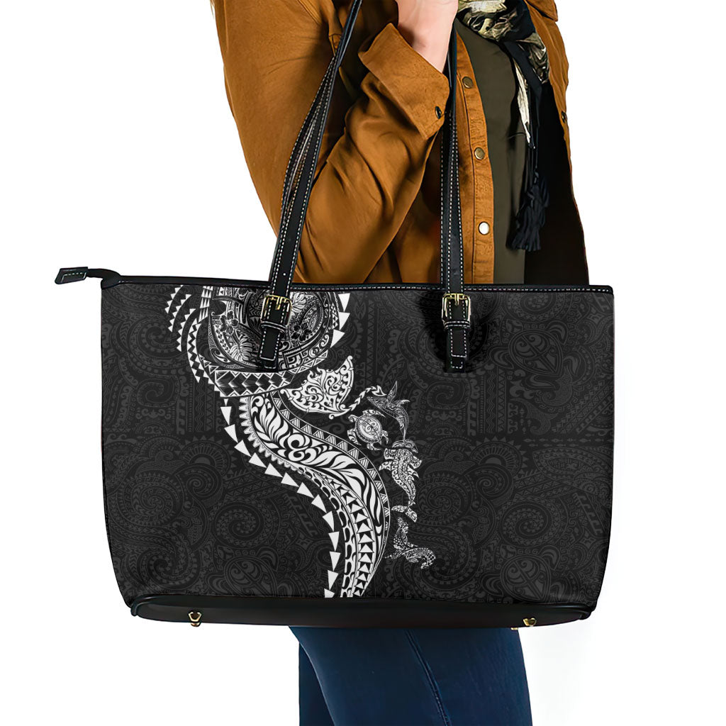 Hawaiian Kakau Tribal Sea Animals Tattoos Leather Tote Bag Black Color