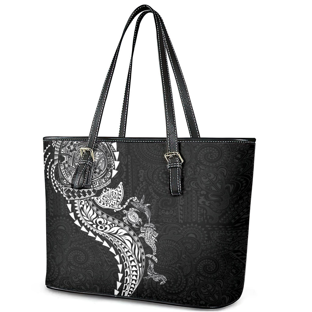 Hawaiian Kakau Tribal Sea Animals Tattoos Leather Tote Bag Black Color