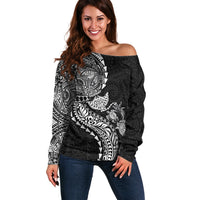 Hawaiian Kakau Tribal Sea Animals Tattoos Off Shoulder Sweater Black Color LT03 Women Black - Polynesian Pride