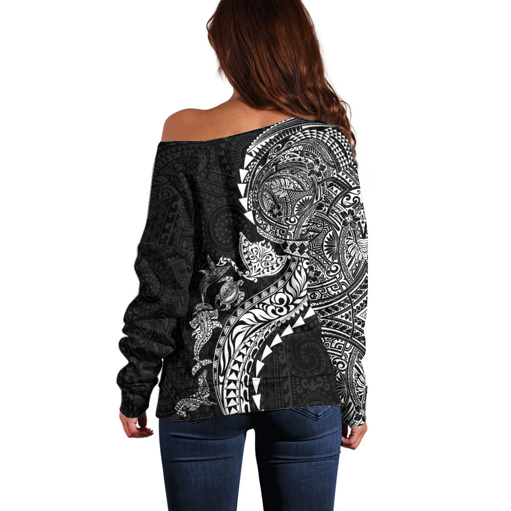 Hawaiian Kakau Tribal Sea Animals Tattoos Off Shoulder Sweater Black Color LT03 - Polynesian Pride
