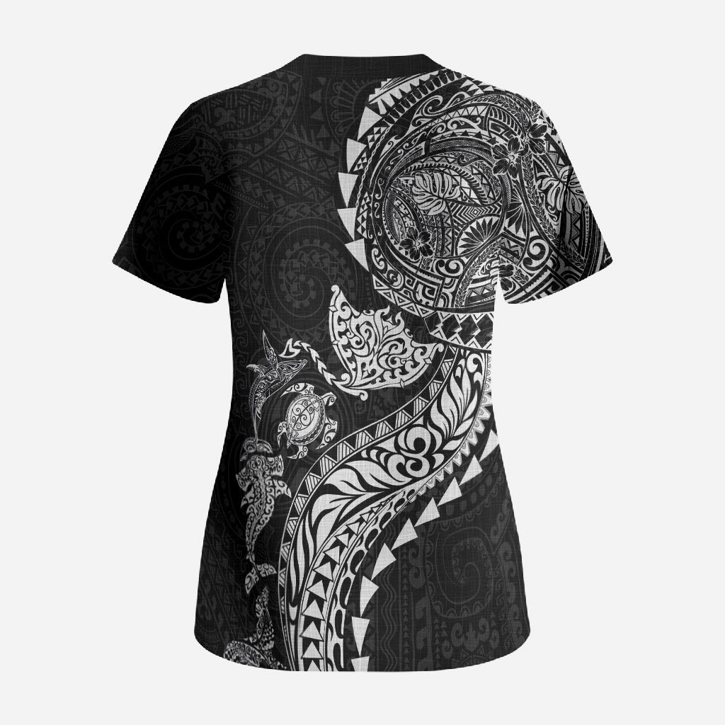 Hawaiian Kakau Tribal Sea Animals Tattoos Scrub Top Black Color LT03 - Polynesian Pride