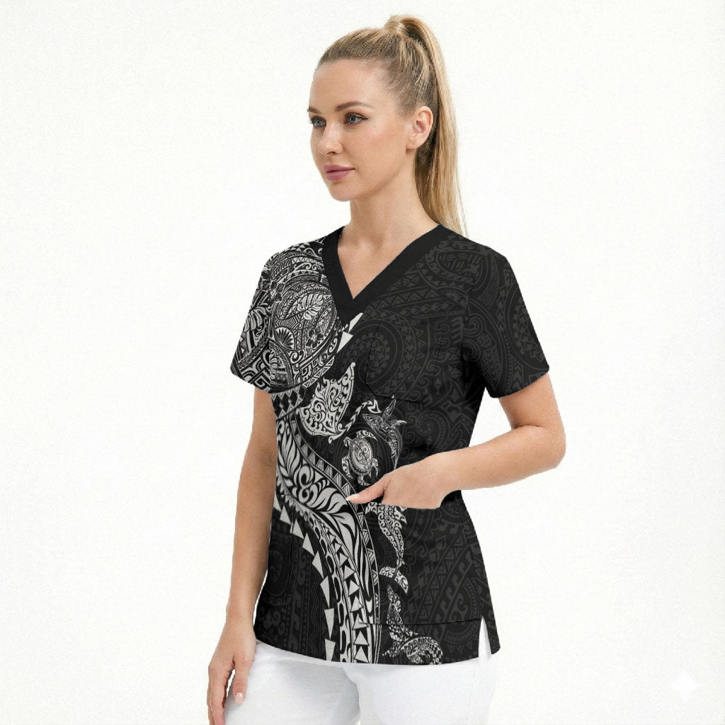 Hawaiian Kakau Tribal Sea Animals Tattoos Scrub Top Black Color LT03 - Polynesian Pride