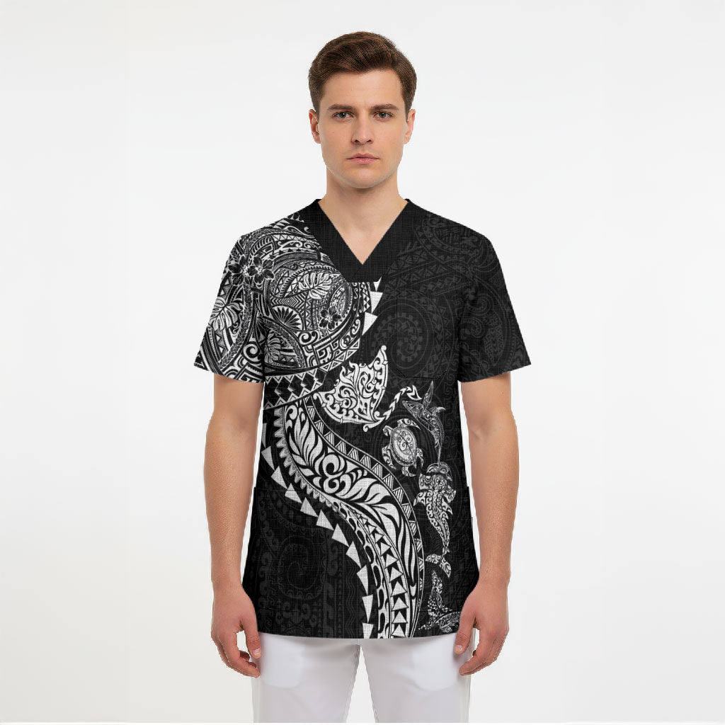 Hawaiian Kakau Tribal Sea Animals Tattoos Scrub Top Black Color LT03 - Polynesian Pride
