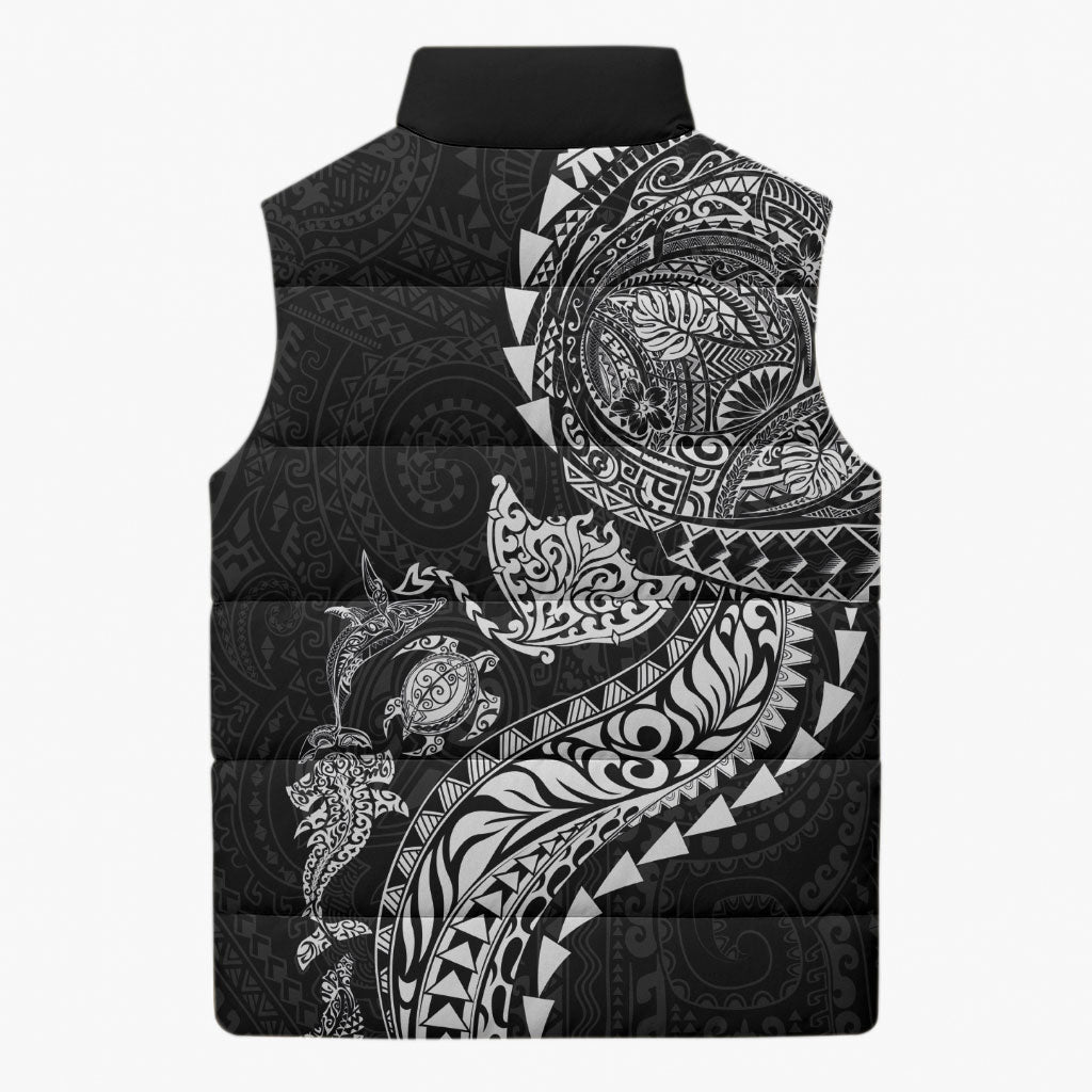 Hawaiian Kakau Tribal Sea Animals Tattoos Sleeveless Puffer Jacket Black Color LT03 - Polynesian Pride