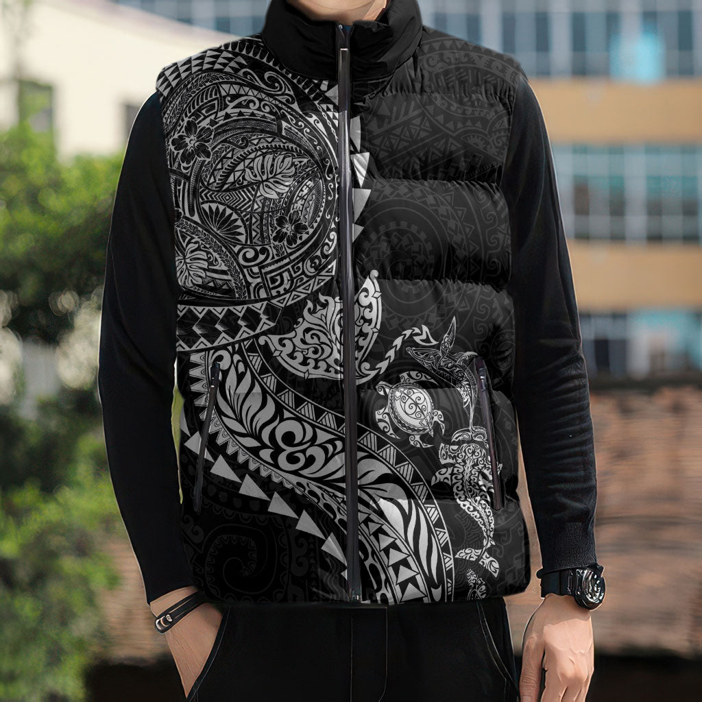 Hawaiian Kakau Tribal Sea Animals Tattoos Sleeveless Puffer Jacket Black Color LT03 - Polynesian Pride