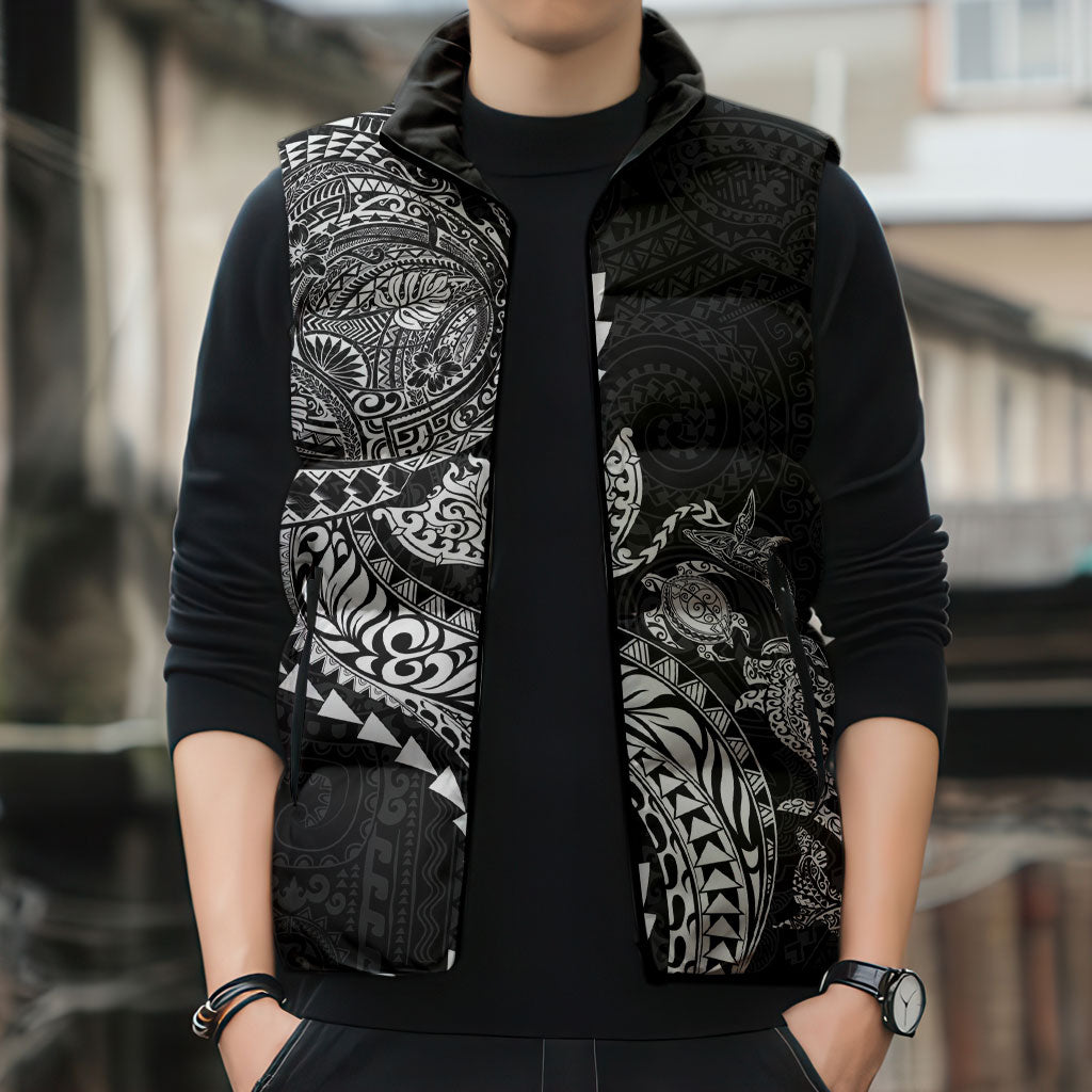 Hawaiian Kakau Tribal Sea Animals Tattoos Sleeveless Puffer Jacket Black Color LT03 - Polynesian Pride