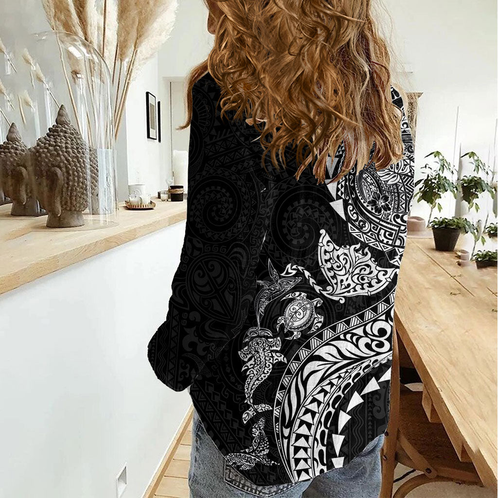 Hawaiian Kakau Tribal Sea Animals Tattoos Women Casual Shirt Black Color