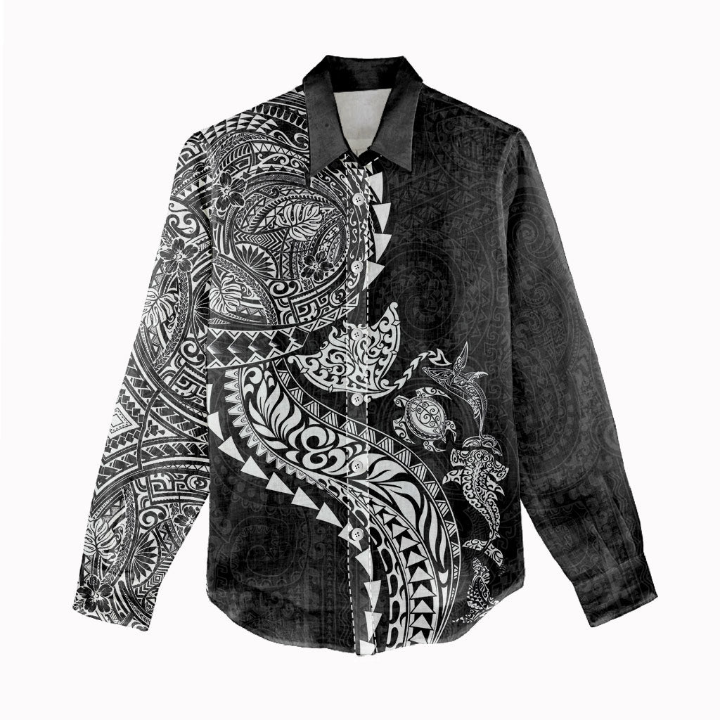 Hawaiian Kakau Tribal Sea Animals Tattoos Women Casual Shirt Black Color