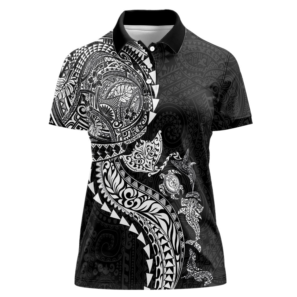 Hawaiian Kakau Tribal Sea Animals Tattoos Women Polo Shirt Black Color
