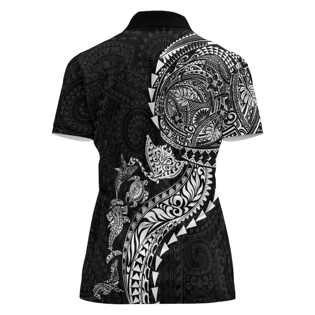 Hawaiian Kakau Tribal Sea Animals Tattoos Women Polo Shirt Black Color