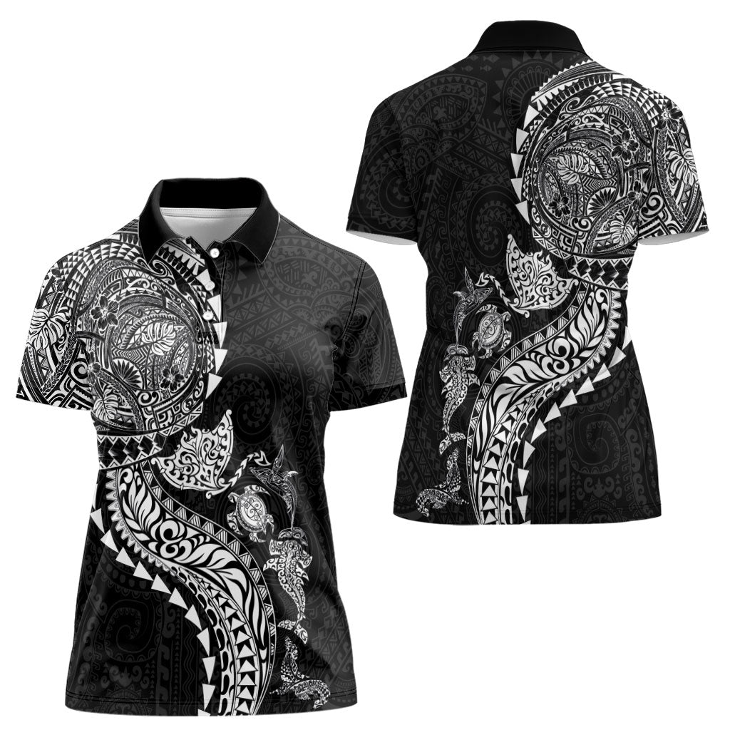 Hawaiian Kakau Tribal Sea Animals Tattoos Women Polo Shirt Black Color