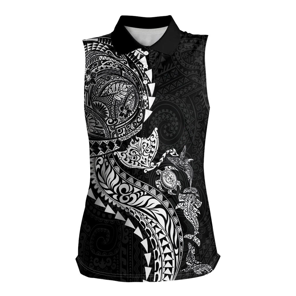 Hawaiian Kakau Tribal Sea Animals Tattoos Women Sleeveless Polo Shirt Black Color