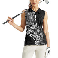 Hawaiian Kakau Tribal Sea Animals Tattoos Women Sleeveless Polo Shirt Black Color
