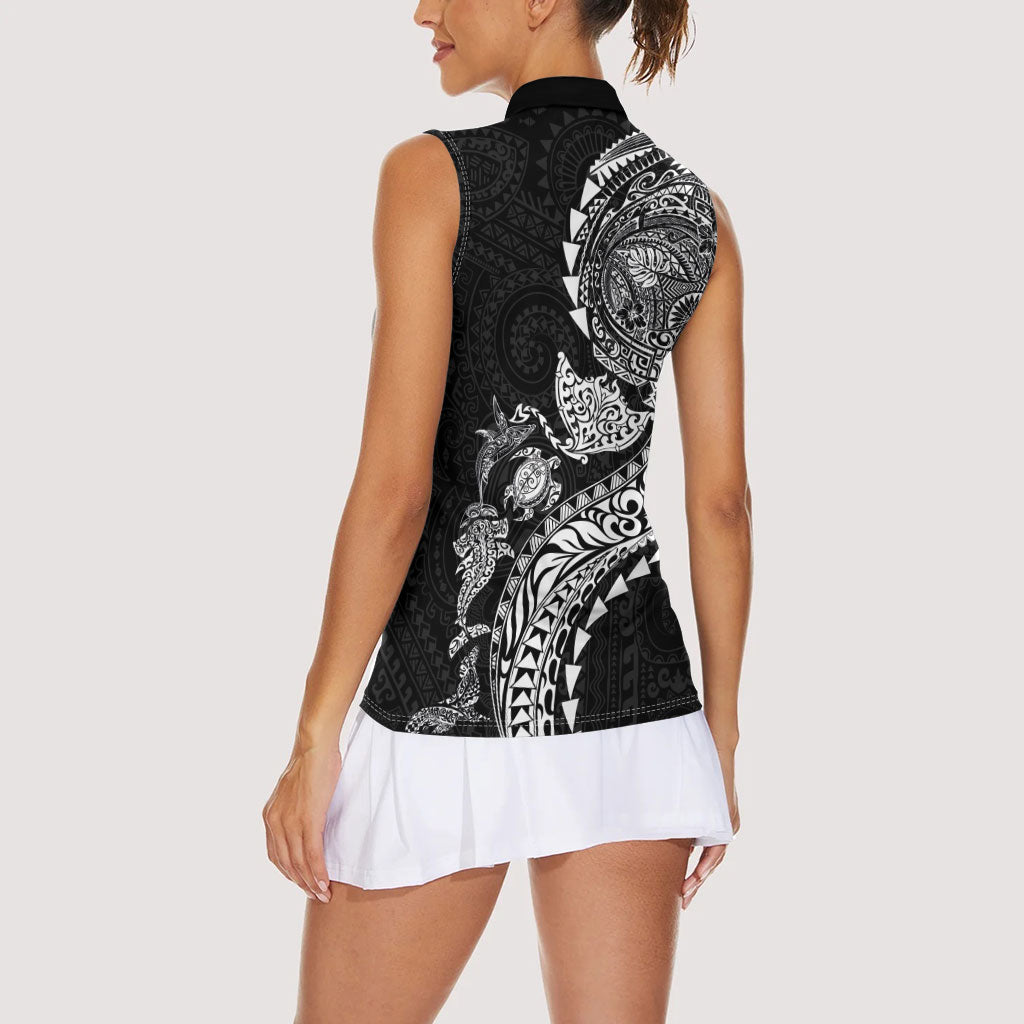 Hawaiian Kakau Tribal Sea Animals Tattoos Women Sleeveless Polo Shirt Black Color
