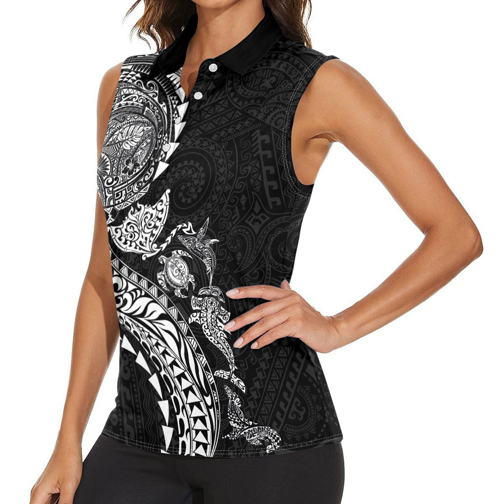 Hawaiian Kakau Tribal Sea Animals Tattoos Women Sleeveless Polo Shirt Black Color