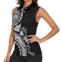 Hawaiian Kakau Tribal Sea Animals Tattoos Women Sleeveless Polo Shirt Black Color