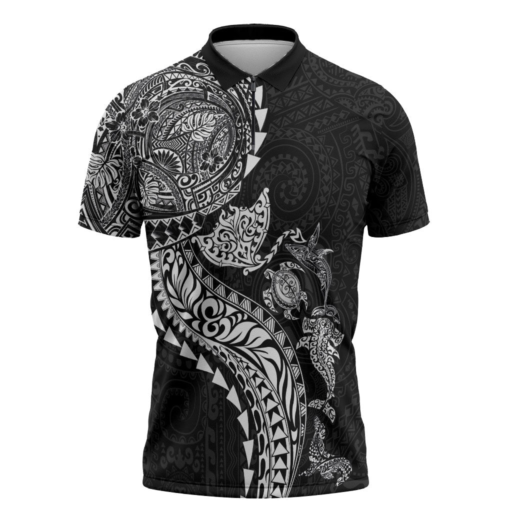 Hawaiian Kakau Tribal Sea Animals Tattoos Zipper Polo Shirt Black Color