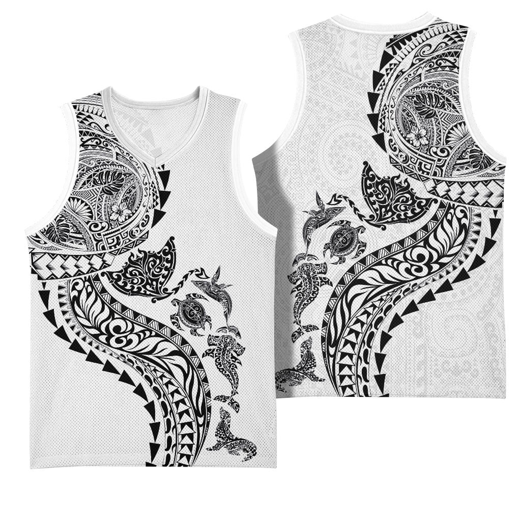 Hawaiian Kakau Tribal Sea Animals Tattoos Basketball Jersey White Color LT03 - Polynesian Pride