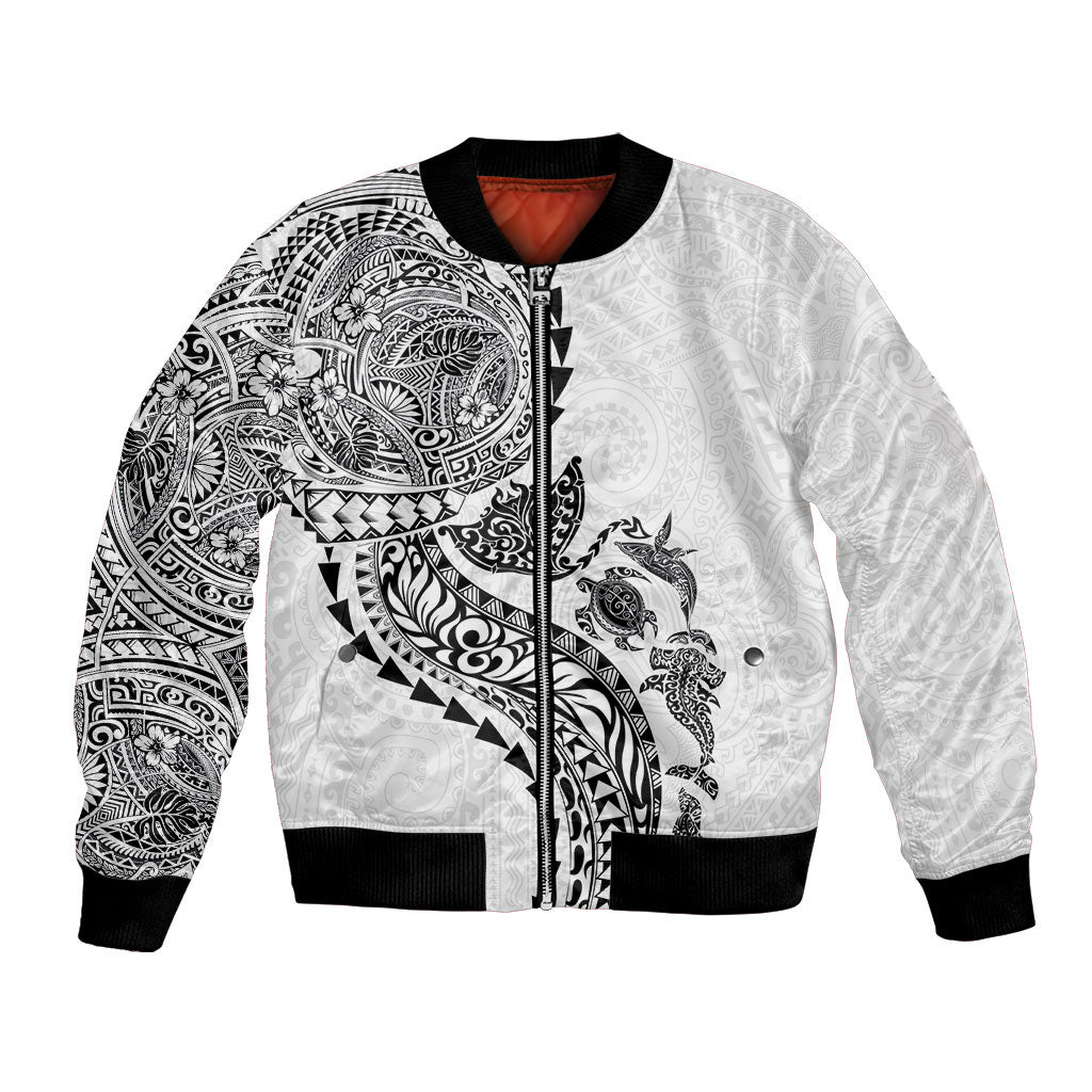 Hawaiian Kakau Tribal Sea Animals Tattoos Bomber Jacket White Color