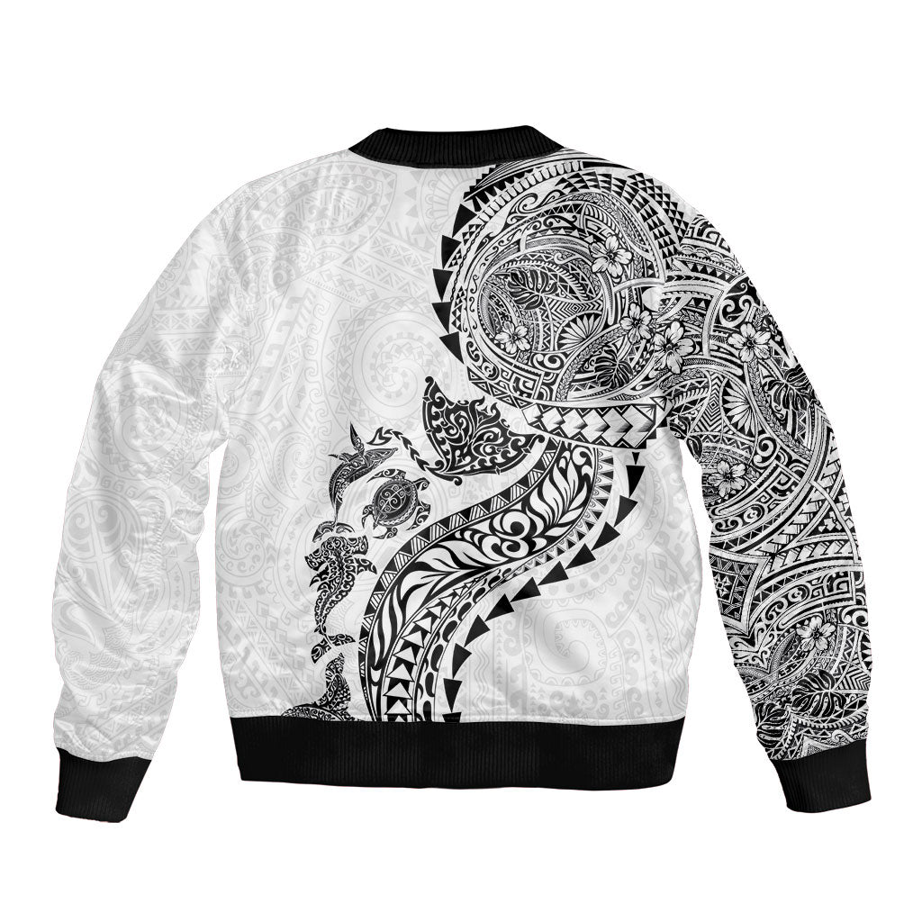 Hawaiian Kakau Tribal Sea Animals Tattoos Bomber Jacket White Color