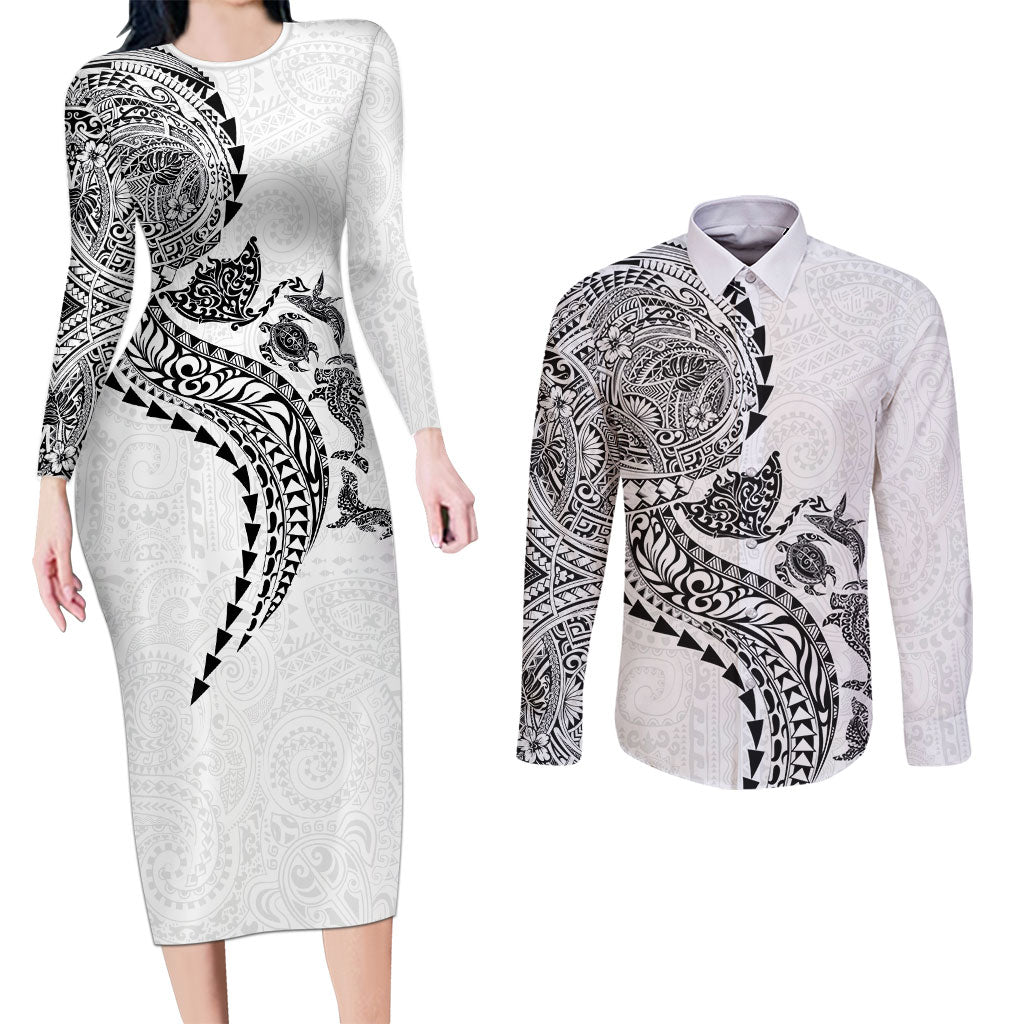 Hawaiian Kakau Tribal Sea Animals Tattoos Couples Matching Long Sleeve Bodycon Dress and Long Sleeve Button Shirt White Color