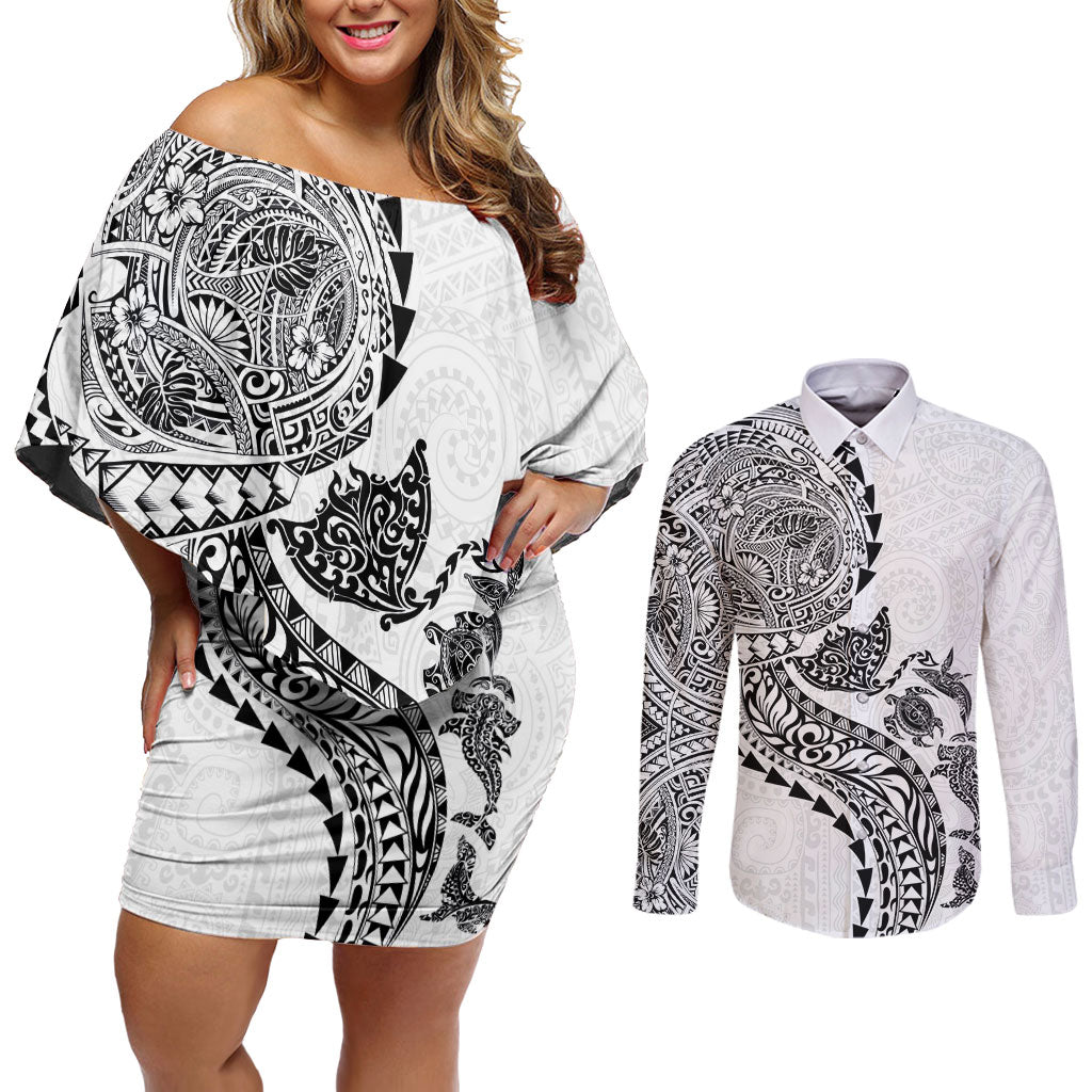 Hawaiian Kakau Tribal Sea Animals Tattoos Couples Matching Off Shoulder Short Dress and Long Sleeve Button Shirt White Color