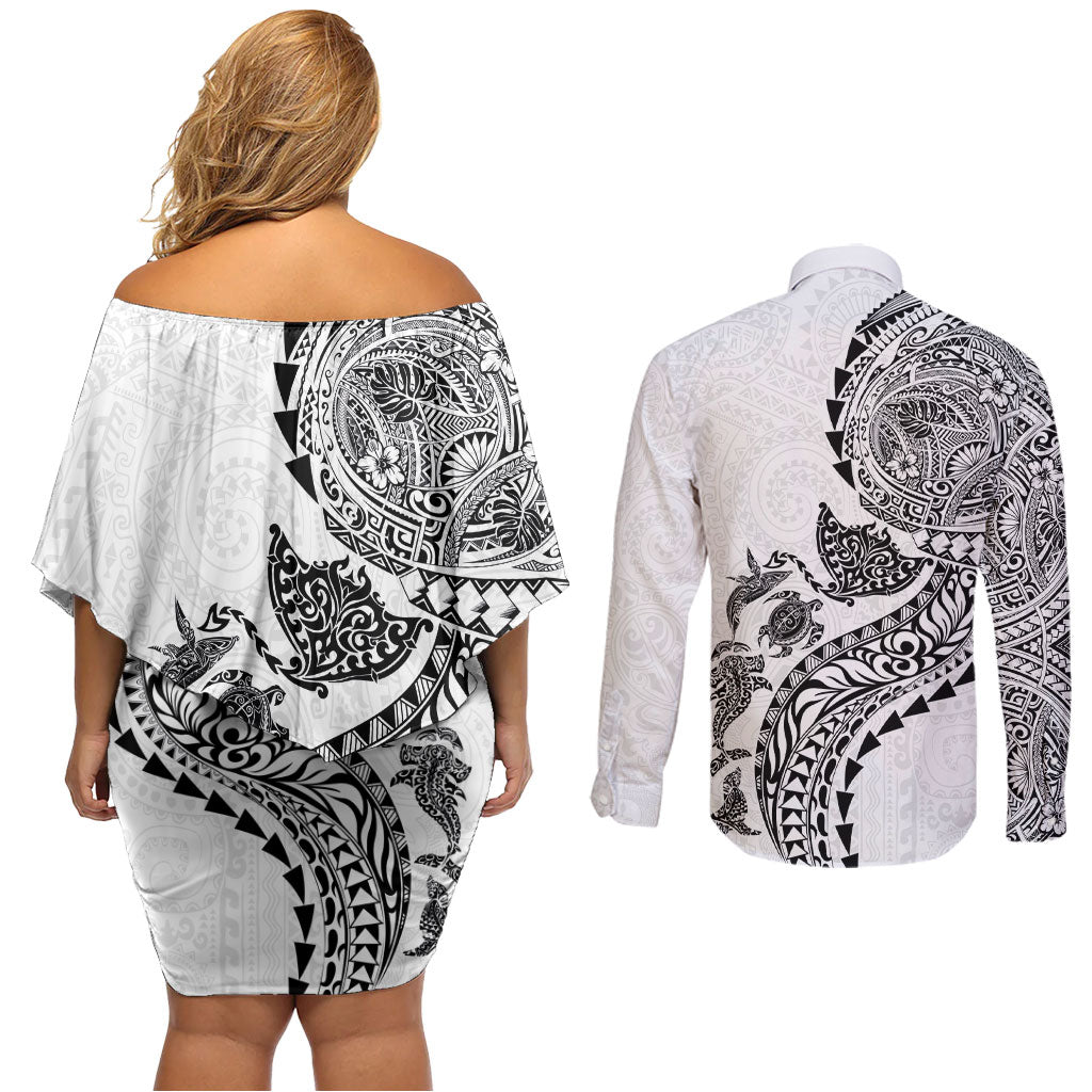 Hawaiian Kakau Tribal Sea Animals Tattoos Couples Matching Off Shoulder Short Dress and Long Sleeve Button Shirt White Color