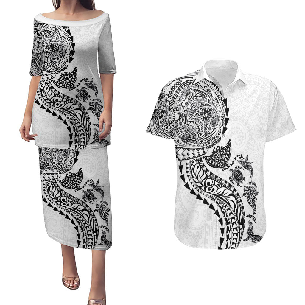 Hawaiian Kakau Tribal Sea Animals Tattoos Couples Matching Puletasi and Hawaiian Shirt White Color