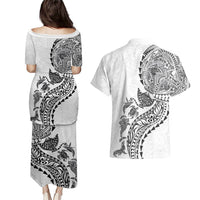 Hawaiian Kakau Tribal Sea Animals Tattoos Couples Matching Puletasi and Hawaiian Shirt White Color