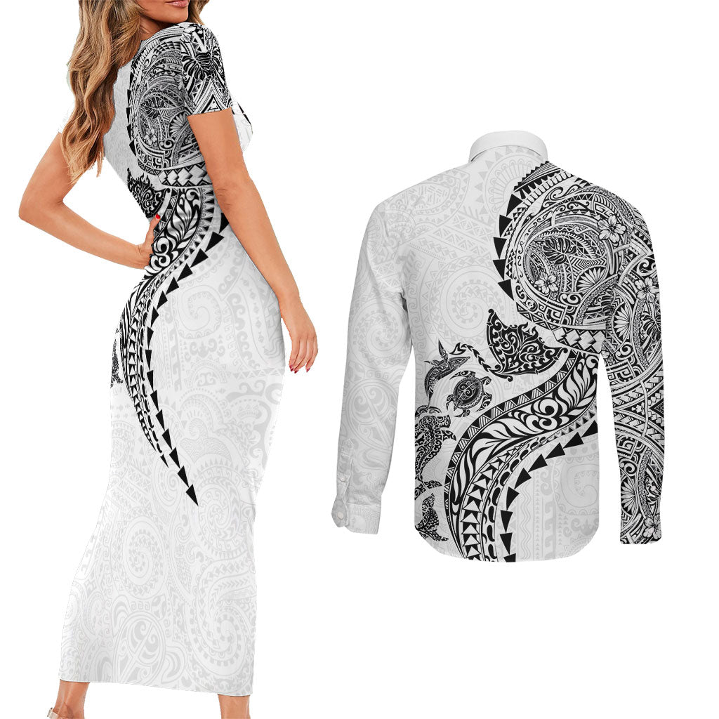 Hawaiian Kakau Tribal Sea Animals Tattoos Couples Matching Short Sleeve Bodycon Dress and Long Sleeve Button Shirt White Color