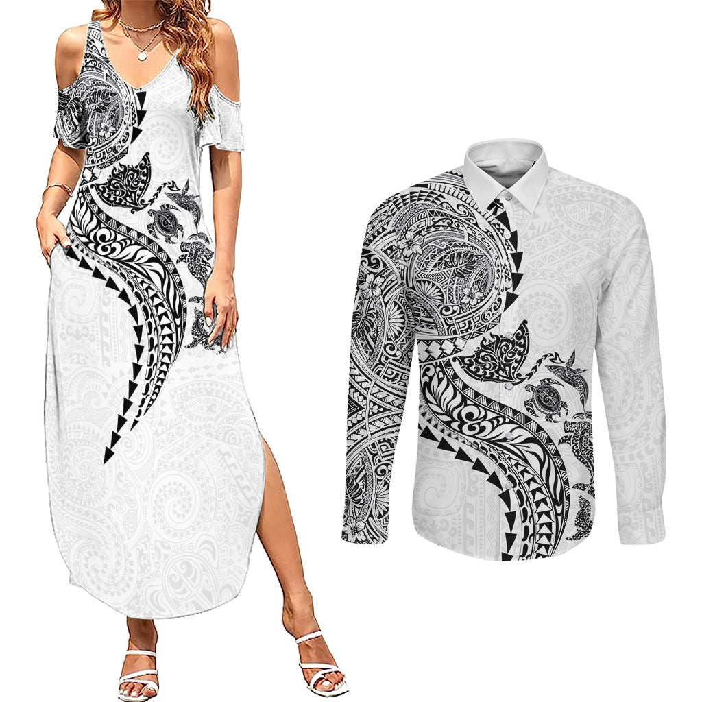 Hawaiian Kakau Tribal Sea Animals Tattoos Couples Matching Summer Maxi Dress and Long Sleeve Button Shirt White Color
