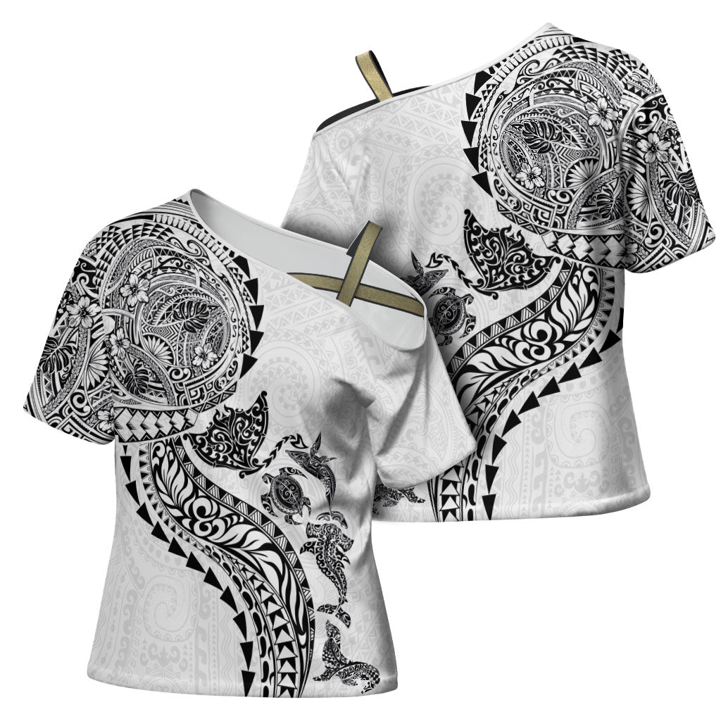 Hawaiian Kakau Tribal Sea Animals Tattoos Cross Shoulder Shirt White Color LT03 - Polynesian Pride