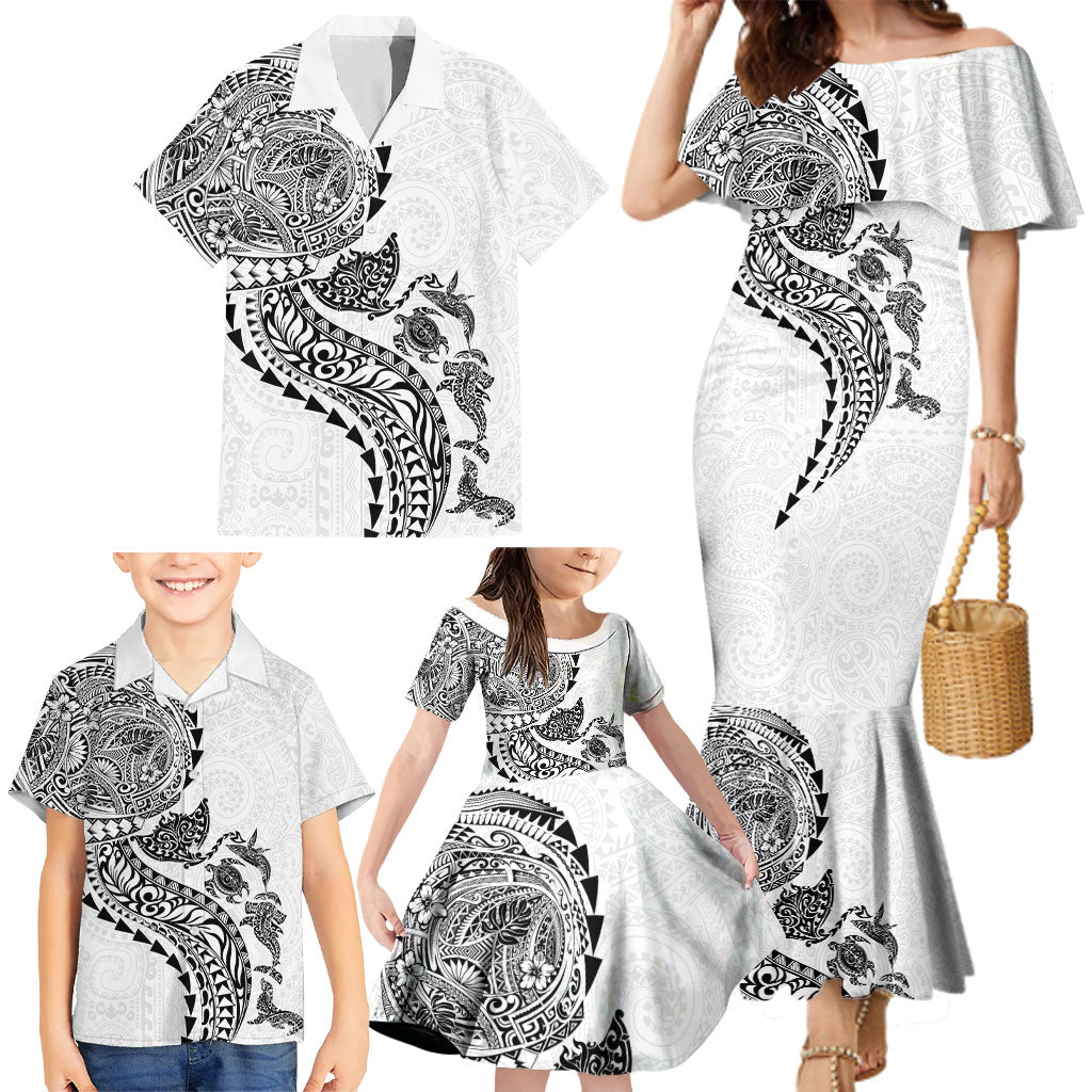 Hawaiian Kakau Tribal Sea Animals Tattoos Family Matching Mermaid Dress and Hawaiian Shirt White Color