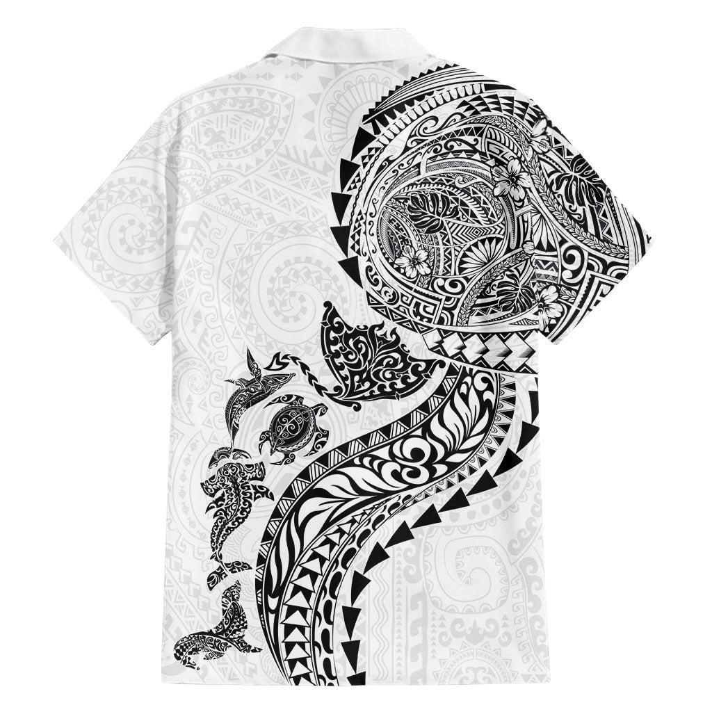 Hawaiian Kakau Tribal Sea Animals Tattoos Family Matching Off The Shoulder Long Sleeve Dress and Hawaiian Shirt White Color