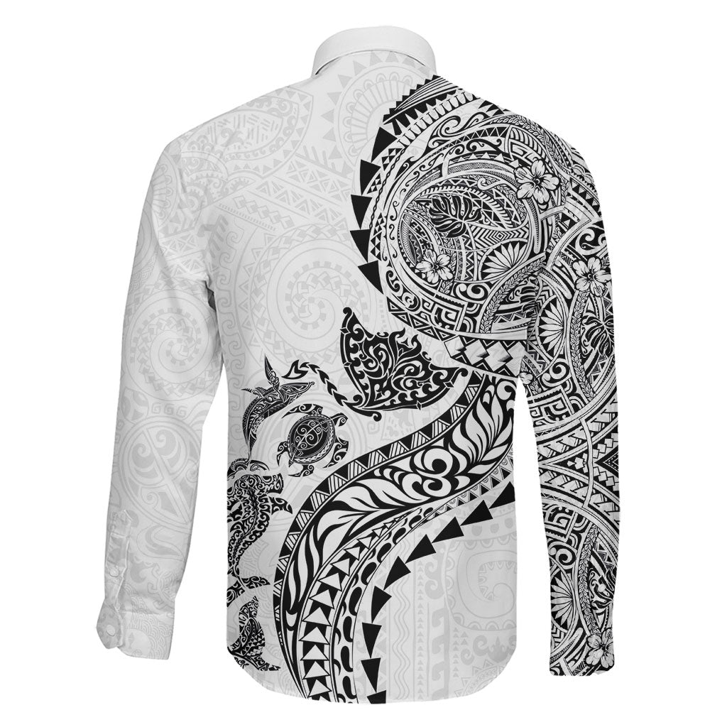 Hawaiian Kakau Tribal Sea Animals Tattoos Family Matching Off The Shoulder Long Sleeve Dress and Hawaiian Shirt White Color