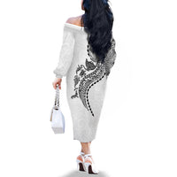 Hawaiian Kakau Tribal Sea Animals Tattoos Family Matching Off The Shoulder Long Sleeve Dress and Hawaiian Shirt White Color