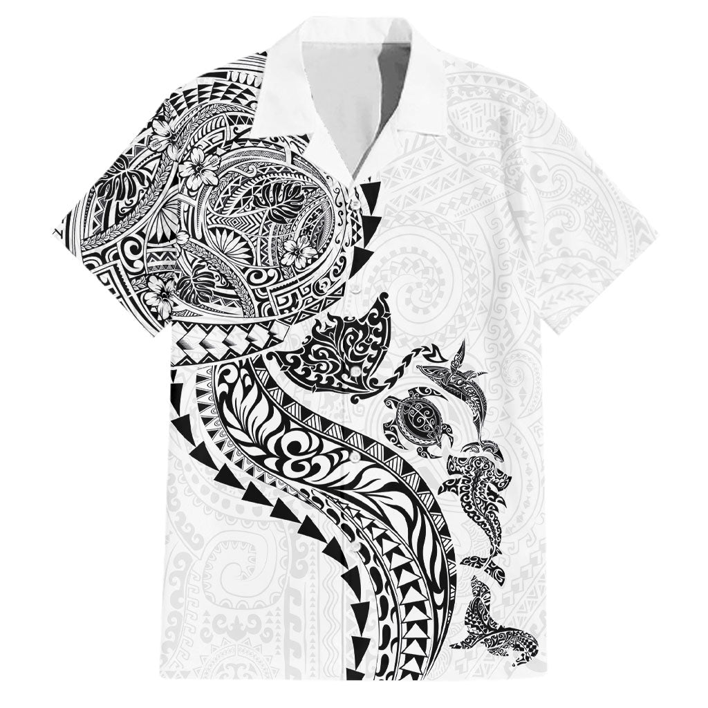 Hawaiian Kakau Tribal Sea Animals Tattoos Family Matching Off Shoulder Maxi Dress and Hawaiian Shirt White Color