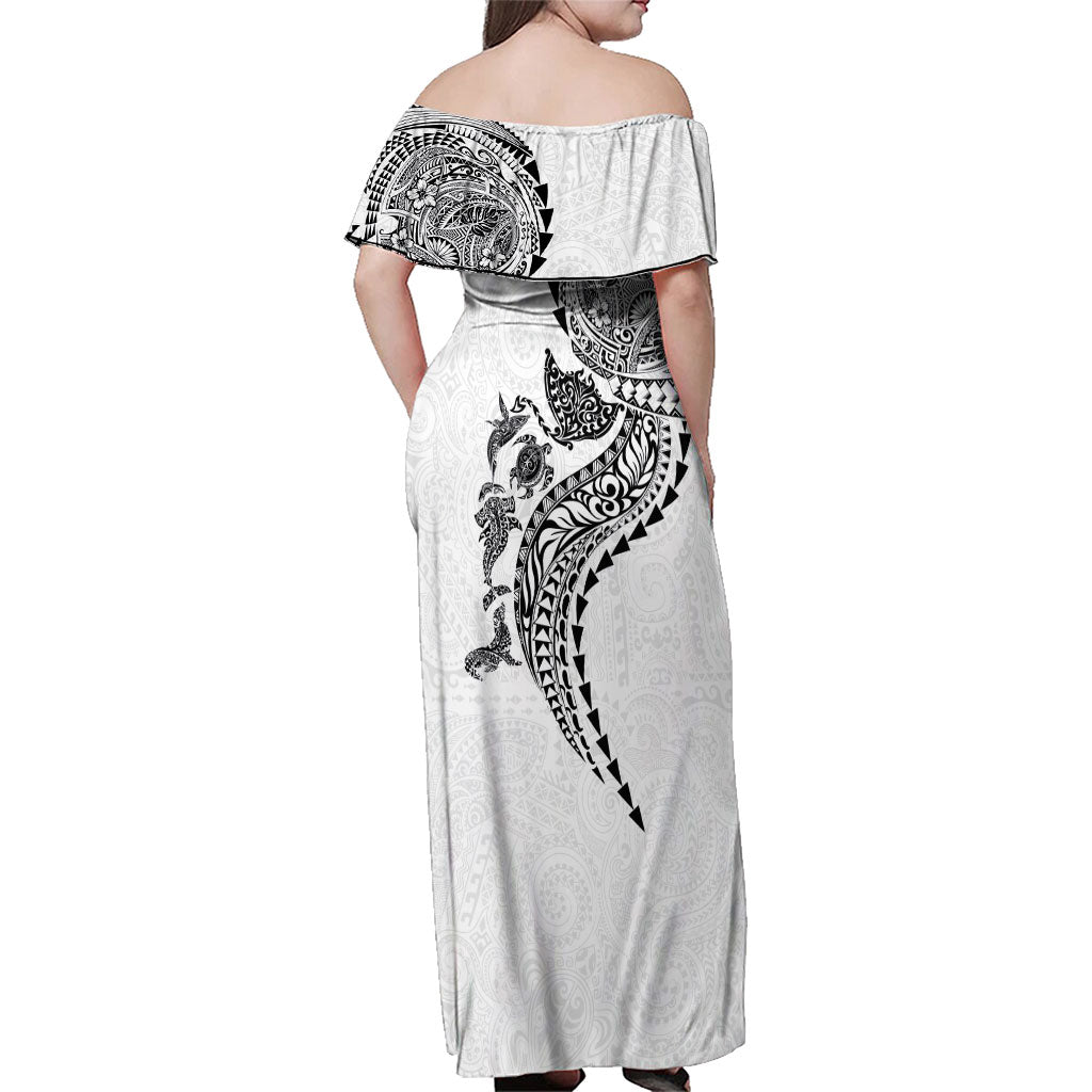 Hawaiian Kakau Tribal Sea Animals Tattoos Family Matching Off Shoulder Maxi Dress and Hawaiian Shirt White Color