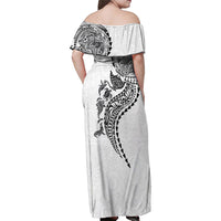 Hawaiian Kakau Tribal Sea Animals Tattoos Family Matching Off Shoulder Maxi Dress and Hawaiian Shirt White Color