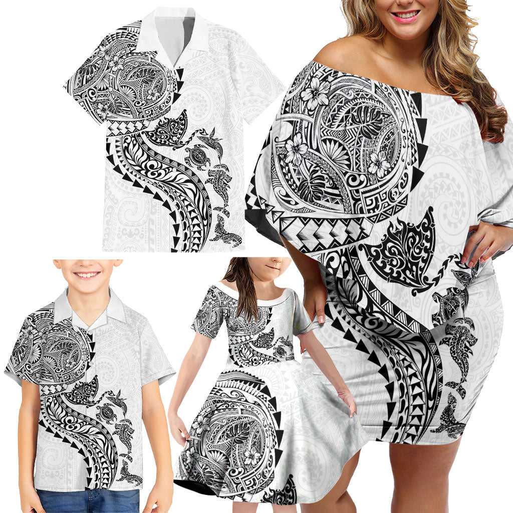 Hawaiian Kakau Tribal Sea Animals Tattoos Family Matching Off Shoulder Short Dress and Hawaiian Shirt White Color