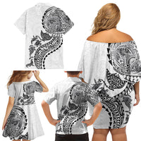 Hawaiian Kakau Tribal Sea Animals Tattoos Family Matching Off Shoulder Short Dress and Hawaiian Shirt White Color