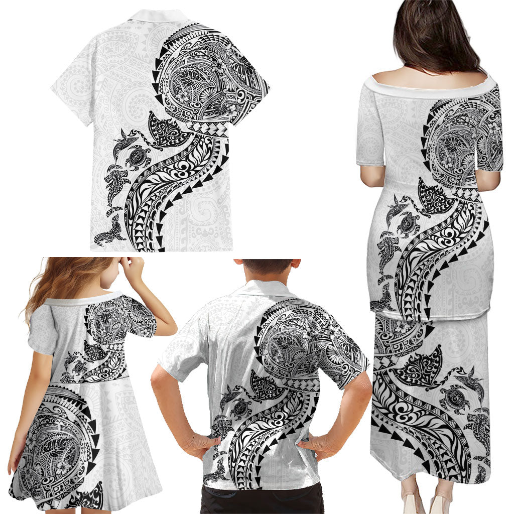 Hawaiian Kakau Tribal Sea Animals Tattoos Family Matching Puletasi and Hawaiian Shirt White Color