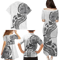Hawaiian Kakau Tribal Sea Animals Tattoos Family Matching Puletasi and Hawaiian Shirt White Color