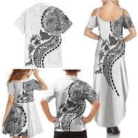Hawaiian Kakau Tribal Sea Animals Tattoos Family Matching Summer Maxi Dress and Hawaiian Shirt White Color