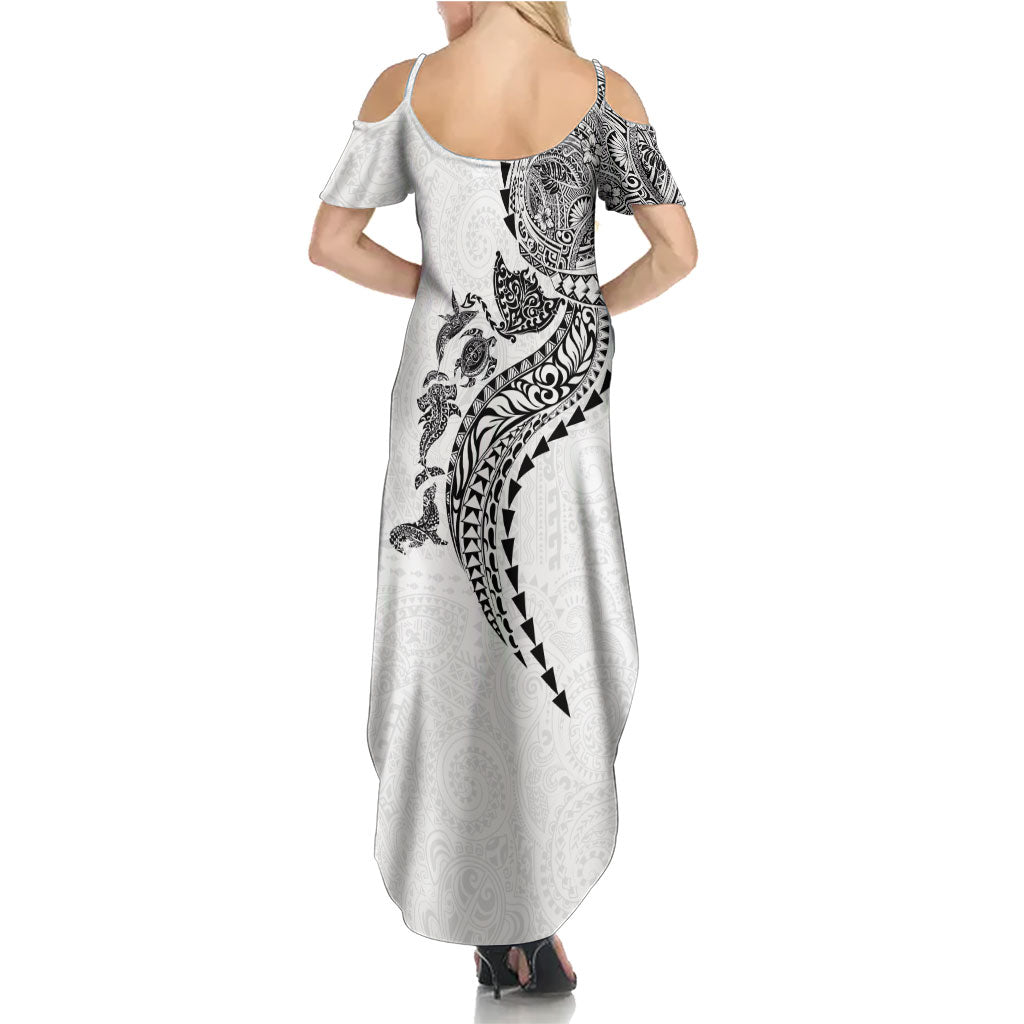 Hawaiian Kakau Tribal Sea Animals Tattoos Family Matching Summer Maxi Dress and Hawaiian Shirt White Color