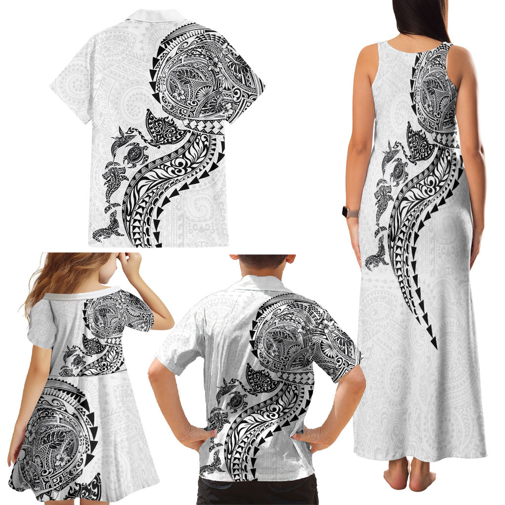 Hawaiian Kakau Tribal Sea Animals Tattoos Family Matching Tank Maxi Dress and Hawaiian Shirt White Color