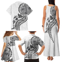 Hawaiian Kakau Tribal Sea Animals Tattoos Family Matching Tank Maxi Dress and Hawaiian Shirt White Color