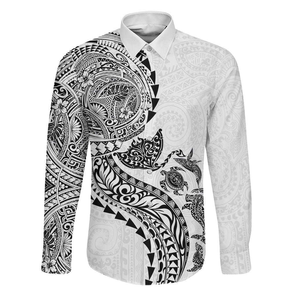 Hawaiian Kakau Tribal Sea Animals Tattoos Family Matching Tank Maxi Dress and Hawaiian Shirt White Color